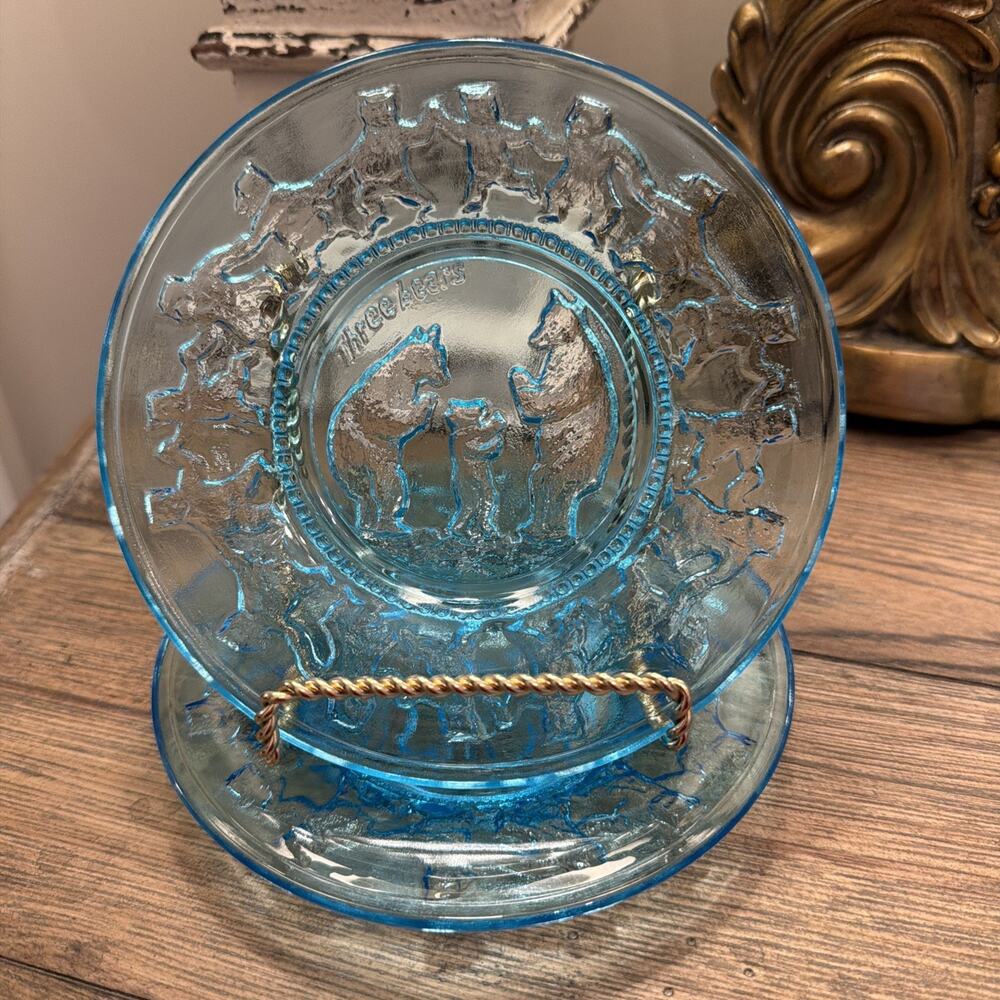 Indiana Glass Tiara Blue Nursery Rhyme Plates 6 1/2" Three Bears Set of 2